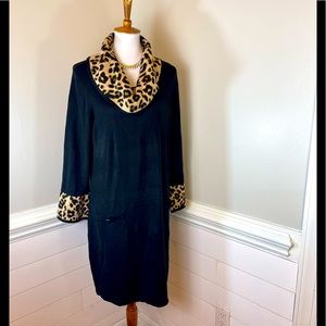 Jessica H. Black & Animal Print Cowl Neck Sweater Dress L FREE SHIP